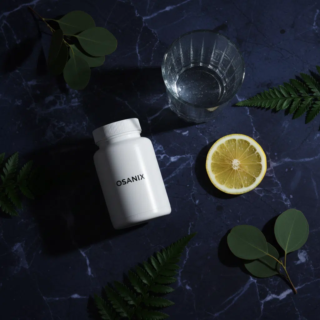 Osanix kosttilskud flaske ved siden af et glas vand og friske grønne blade